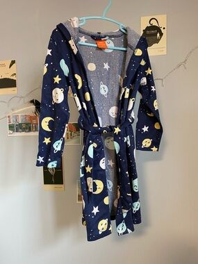 Carter's Navy Space Print Hooded Kids Robe with Yellow and Light Blue Accents